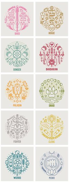 six different types of logos in various colors and sizes, each with an ornate design