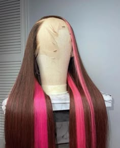 Lace Front Wig Virgin Human Hair Pink Brown 150%Density 24" Wigs Skunk Stripe, Lace Front Wigs Brown, Skunk Strip, 4x4 Wig, Human Hair Wigs Straight, Colored Human Hair Wigs, Wigs Brown, Skunk Stripe, Long Human Hair Wigs