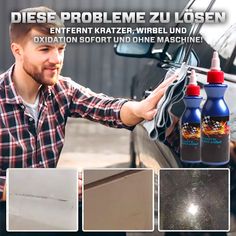 a man is looking at the side of his car with two different products on it