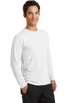 4.5-ounce, 65/35 poly/cotton; Removable tag for comfort and relabeling; Hemmed cuffs; A soft cotton hand feel; Dry Zone moisture-wicking technology Classic Moisture-wicking Solid Color Tops, Basic White Moisture-wicking Top, White Moisture-wicking Cotton Top, White Moisture-wicking T-shirt For Training, Long Sleeve Cotton Shirt With Moisture-wicking, White Long Sleeve T-shirt For Outdoor, White Long Sleeve Sportswear T-shirt, White Long Sleeve Moisture-wicking Top, White Moisture-wicking Long Sleeve Tops