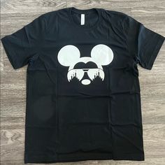 Brand New Without Tags Custom High Quality Screen Print On A Super Soft High Quality T Shirt Size Xl Black Black Shirt With Character Print For Disney Fan Events, Black Graphic Print Tops For Disney Fan Events, Black Mickey Mouse Tops For Disney Events, Black Mickey Mouse Shirt For Disney Fan Events, Black Mickey Mouse Top For Disney Fan Events, Black Short Sleeve Mickey Mouse Shirt, Black Mickey Mouse Short Sleeve Shirt, Mickey Mouse Tshirt, Mickey Mouse Graphic Tee For Streetwear