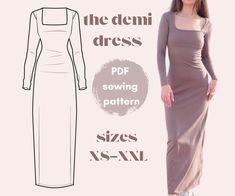 a women's dress sewing pattern with long sleeves and side slits, as well as