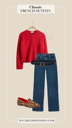 Transform Wardrobe Essentials Into 20 Classic French Outfits - MY CHIC OBSESSION Classic French Outfits, Scarf Outfits, French Outfits, Chique Outfit, Mode Casual, Wardrobe Outfits, Red Sweater, Todays Outfit