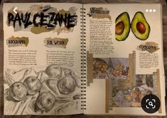 an open book with pictures of avocados and other food items on the pages