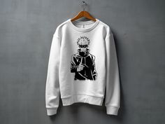 Cosplay Crew Neck Top With Screen Print, Anime Style Long Sleeve Cosplay Top, Anime Style Long Sleeve Tops For Cosplay, Anime Cosplay Long Sleeve Top, Crew Neck Top With Screen Print For Cosplay, Crew Neck Screen Print Top For Cosplay, Screen Print Crew Neck Top For Cosplay, Anime Crew Neck Top With Screen Print, White Cotton Cosplay Sweatshirt