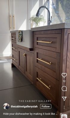 the cabinetry in this kitchen is brown and has brass pulls on it's handles