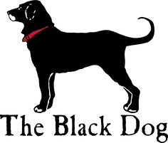 the black dog logo with a red collar on it's neck is shown in front of a white background