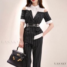 Lasaky - Luxurious Long Pants Duo with Adjustable Belt and Premium Materials Streetwear Beanie, Beanie Fashion, White Pantsuit, Long Pants Outfit, Kim Wilde, Fashion Kpop, 파티 드레스, Kpop Style, Woman Suit Fashion