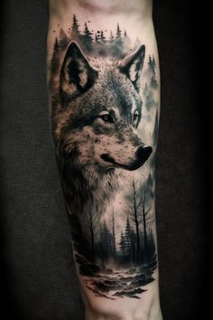 a man's leg with a wolf on it and trees in the woods behind him