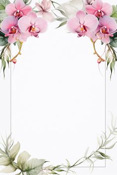 pink orchids and green leaves are arranged in the shape of a rectangle frame