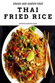 thai fried rice on a plate with chopsticks