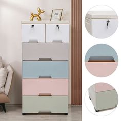 three different color drawers in front of a couch