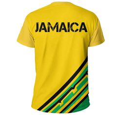 Jamaica Vintage Flag T ShirtDescription Our Unisex T-shirt is made of a premium polyester blend, offering maximum comfort with a soft feel. It boasts an all-over print design created through a high-definition heat-dye application that ensures vibrant and long-lasting colors even after multiple washes. This T-shirt’s fabric is durable and resistant to wrinkles, shrinking, and mildew, ensuring its longevity. The thread line color is limited to black or white. Every T-shirt is custom printed, cut, Printed Short Sleeve T-shirt For Sports Events, Sports Printed T-shirt, Sporty Yellow T-shirt With Sublimation Print, Sporty Printed T-shirt For Sports, Casual Sports T-shirt With All Over Print, Sporty Printed T-shirt, Summer Sports T-shirt With All Over Print, Yellow Casual Sublimation T-shirt With Graphic Print, Sports Short Sleeve Printed T-shirt