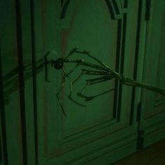 a spider crawling on the side of a door in a dark room with green light