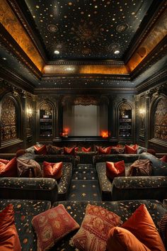 a home theater with couches and pillows