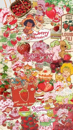 a collage of strawberry shortcakes, strawberries, and other food items