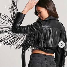 Leather Cropped Jacket With Shingles Edgy Biker Jacket For Spring Party, Edgy Spring Party Biker Jacket, Spring Party Edgy Biker Jacket, Chic Leather Jacket With Fringe For Fall, Spring Biker Outerwear For Party, Spring Party Biker Outerwear, Black Leather Jacket With Fringe For Winter, Black Fringed Leather Jacket For Fall, Black Leather Jacket With Fringe For Spring