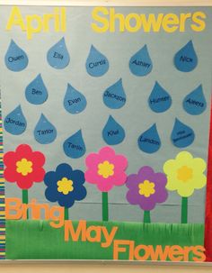 a bulletin board with flowers and raindrops for the month of may on it