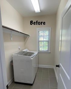 a small laundry room with a washer and dryer next to a window that says before