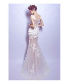 Buy Informal Sexy Sheer Wedding Party Dress With Romantic Flowers at wholesale price online. Free shipping and pro custom service since 2009. Backless Mermaid Wedding Dress For Prom Season, Fitted Gown With Long Train For Banquet, Sleeveless Tulle Mermaid Dress For Wedding, Fitted Backless Tulle Evening Dress, Fitted Tulle Evening Dress With Backless Design, Fitted Wedding Dress With Long Train For Party, Ceremony Evening Dress Fitted Floor-length, Ceremony Floor-length Fitted Evening Dress, Fitted White Mermaid Dress For Banquet