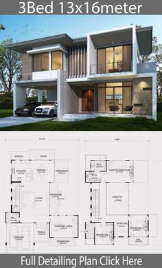 three story house plan with 3 beds and 1 bathrooms in the front, two floors on each