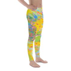 Men's Leggings, Pretty Yellow and Red Flowers with Turquoise Multicolor Full-length Activewear For Yoga, Multicolor Full-length Yoga Activewear, Multicolor Moisture-wicking Leggings For Gym, Multicolor Full-length Sports Leggings, Multicolor Full Length Sports Leggings, Leggings For Men, All Over Print Design, Over Print Design, Pretty Yellow