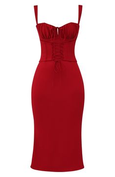 Turn heads in this stunning corset-inspired midi with a lace-up bodice and a flared hem all crafted of lightweight duchess satin. Exclusive retailer Sweetheart neck Adjustable straps Lined 100% polyester Dry clean Imported Luxury V-neck Bodycon Dress For Date Night, Red Lace Outfit Classy, Bodycon Date Night Dress, Trendy Clothes For Women Venus, Formal Valentines Day Dress, Valentines Day Dress Casual, Faye Valentine Dress, Short Bodycon Dress Formal Classy, Red Cut Out Dress