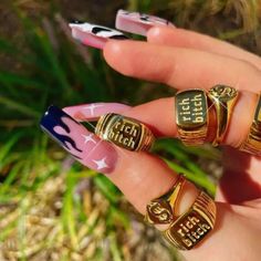 Gold Stainless Steel Rich Ring Jayda Wayda Ring, Long Nails And Gold Rings, Bougie Ring, Body Jewelry Diy, Money Rings, Salt Pool, Vintage 90s Style, Grunge Accessories, Hip Hop Rings