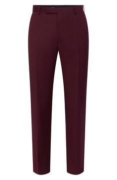 Dress to impress in these polished and practical trousers tailored from wrinkle-resistant performance fabric. 32" inseam; 15.75" leg opening; 10.125" rise (size 32x32) Zip fly with hook-and-bar closure Jetted pockets Lined Polyester/rayon blend with 2% spandex
 Dry clean Imported Semi-formal Slim Fit Elastane Dress Pants, Slim Fit Elastane Dress Pants For Semi-formal Occasions, Solid Color Dress Pants With Welt Pockets, Solid Dress Pants With Welt Pockets And Flat Front, Tailored Solid Work Pants With Welt Pockets, Semi-formal Elastane Pants With Welt Pockets, Solid Slim Fit Dress Pants With Flat Front, Tailored Pants With Straight Hem In Elastane, Straight Fit Dress Pants With Welt Pockets For Work