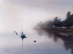 a painting of a boat in the water on a foggy day