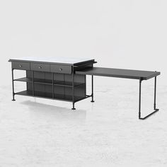 a black desk with two drawers and a shelf on the top, against a white background