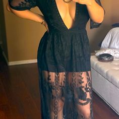 Purchased At Nashville Boutique, Never Worn, Cleavage Is Deep. For Reference I’m 5’3” 130, 34dd. I Think It Would Look Better On Smaller Chest. Black Lace Short Sleeve Maxi Dress, Black Lace Maxi Dress With Short Sleeves, Black V-neck Maxi Dress For Going Out, Sheer Dresses For Spring Going Out, Beautiful Lace Dresses, Modest Maxi, Backless Maxi Dresses, Halter Maxi Dresses, Lace Maxi Dress