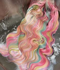 Aurora Hair Color, Cool Color Hair, Weird Hair Colors, Crazy Hair Dye, Mermaid Hair Ideas, Unique Hair Dye, Pink And Yellow Hair, Colorful Hair Ideas, Unique Hair Color