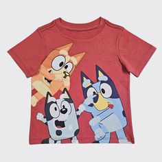 Add some pup-tacular vibes to your toddler's closet with this Bluey Short-Sleeve T-Shirt. Made of 100% jersey cotton with a crewneck, short sleeves and flat seams, this lightweight pullover tee is the perfect choice for everyday wear, playtime and beyond. It's fashioned in a heathered red shade and features a colorful illustration of Bluey, Bingo and Aunt Trixie for a fun look. Cotton T-shirt With Cartoon Print For Playwear, Playful Red Character Print T-shirt, Character Print Crew Neck T-shirt For Playtime, Crew Neck T-shirt With Character Print For Playtime, Playful Cartoon Print Crew Neck T-shirt, Playful Crew Neck T-shirt With Cartoon Print, Playful Cotton T-shirt For Playtime, Playful Red T-shirt For Summer, Red T-shirt For Summer Playwear