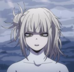 an anime character with white hair and blue eyes looking at the camera while standing in front of water