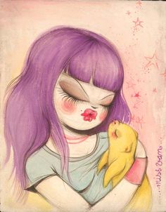 a drawing of a girl with purple hair holding a yellow bird in her arms and eyes