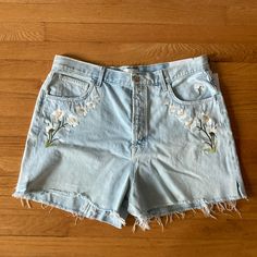 Flower Embroidery. Cutoff Shorts. New With Tags. Jean Shorts. Casual Cotton Bottoms With Floral Embroidery, Casual High Waist Bottoms With Floral Embroidery, Casual High Waist Floral Embroidered Bottoms, High Waist Cotton Pants With Floral Embroidery, Embroidered Relaxed Fit Bottoms For Summer, Relaxed Fit Bottoms With Floral Embroidery For Spring, High Waist Embroidered Bottoms For Spring, Spring Cotton Embroidered Bottoms, Spring Embroidered Cotton Bottoms