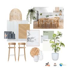 a collage of various items including chairs, table and plants in white room with wood flooring