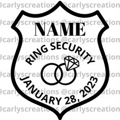 a police badge with the name ring security and two wedding rings on it's side