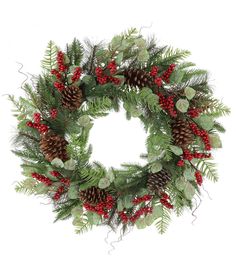 a christmas wreath with pine cones and berries