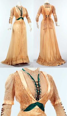 Silk dress, 1909-1911, by Mrs. Dunstan, a well-known New York dressmaker. This high-style dress is a particularly good example of her work and exhibits some of the typical techniques used in that period, such as the bolero-and-vestee configuration of bodice and over-the-shoulder panels. Antique Dress, Vintage Gowns, Old Fashion, Edwardian Fashion