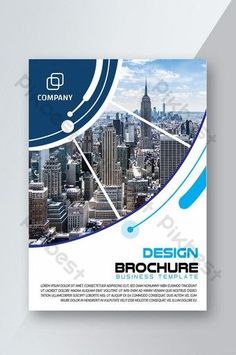 a blue and white brochure cover with cityscape in the background,