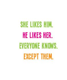 the words are written in different colors and font on a white background that says she likes him, he likes her everyone knows except them