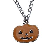 Orange enamel jack o'lantern necklace with black cutout face, According to the folklore depicted on this Jack O'Lantern pendant necklace, Jack O'Lantern was actually a human being. Orange enamel metal alloy Jack-O'-Lantern pendant, measuring 0.6 by 0.7 inches (15 by 18 centimeters) Length of 18-inch necklace (45 cm) A silver-toned necklace Chain that can be lengthened by another two inches (five centimeters) Height is customizable up to 20 inches (51 cm) Fastened with a receptacle like a lobster Halloween Nickel-free Pendant Necklace, Halloween Nickel Free Pendant Necklace, Nickel-free Pendant Necklace For Halloween, Spooky Orange Halloween Jewelry, Orange Necklace For Halloween Gift, Spooky Orange Jewelry Gift, Spooky Orange Jewelry For Gifts, Lantern Necklace, Halloween Legends