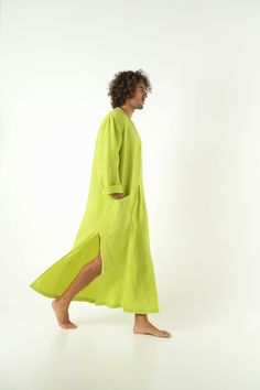 "100% soft linen (180gr/sq.m.) This unique OVERSIZED men's kaftan is made of cool and light pure linen. NO BUTTONS, NO BUTTONHOLES, NO ZIPS. ZERO SHRINKAGE FITTING: The model appearing in the photo is size M and 187cm (6'3\") tall . He is featuring a S/M size SPA kaftan. S/M SIZE CHEST under armpit: (all-around) 122cm/48 inches HIPS: (all-around) 130cm/51 inches LENGTH: shoulder to hemline 150cm/59 inches L/XL SIZE CHEST under armpit: (all-around) 134cm/52.5 inches HIPS: (all-around) 142cm/56 in Linen Kaftan, Men Kaftan, Green Tunic, Outfit For Men, Mens Linen, Stylish Mens Outfits, Stylish Outfit, Linen Women, Linen Clothes