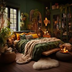 a bedroom with green walls and lots of pillows on the bed, surrounded by greenery