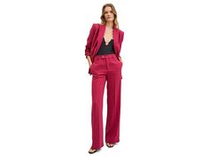 MANGO Iguana Trousers - Women's Casual Pants : Bright Pink : Customers say styles from this brand tend to run small, order one size up. Style up your office look into a classy fashion wearing MANGO Iguana Trousers. Regular fit. Pull-on style. Zip fly and button closure. Belt loops on wasitband. Full-length hemline. Flared silhouette. 100% polyester. Machine wash, tumble dry. Imported. Spring Structured Formal Bottoms, Chic Structured Summer Bottoms, Structured Bottoms For Formal Spring Occasions, Structured Bottoms For Business Casual Spring Wear, Structured Bottoms For Business Casual In Spring, Chic Party Bottoms In Viscose, Chic Viscose Bottoms For Party, Structured Spring Workwear Bottoms, Viscose Party Bottoms For Spring