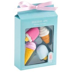 four ice creams in a blue box with a pink bow