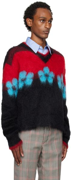 Brushed knit mohair-blend sweater. Intarsia floral pattern throughout. · V-neck · Dropped shoulders Supplier color: Black Sweaters Street Style, Fuzzy Wuzzy, Hot Sweater, Knitwear Men, Sweaters Knitwear, Red Sweaters, Knit Sweater, Knitted Sweaters, Floral Pattern