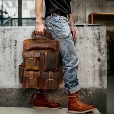 Handmade Leather Backpack Travel Rucksack Distressed Brown Leather Backpack Adventure Bag fits Laptop upto 17" Backpack Highlights: Size : 18 x 12 x 4.5 inches (45.5 cm x 30.5 cm x 11.5 cm) Color : Distressed Brown Additional Information: -Spacious main compartment with Multiple Pockets -Long zippered and Quick Access front Pocket -Top handle with 2 Side and 3 Front Pockets -Durable Polyester inner lining -Zippered pocket inside -Anti-theft back pocket with YKK metal zipper -Wide & Adjustable shoulder straps Handcrafted from Genuine Top grain Leather with a nostalgic scent from traditional tanning. Handmade and uniquely varied in look making it perfect for college, business, travel, short hiking, camping and outdoor activities. Designed with an innovative suspension system, it protects you Leather Laptop Backpack For Outdoor, Outdoor Leather Laptop Backpack, Rugged Rectangular Backpack For Daily Use, Rugged Leather Satchel Backpack For Travel, Leather Backpack With Pockets For Adventure, Leather Adventure Backpack With Pockets, Daily Use Satchel Backpack With Luggage Sleeve, Daily Use Backpack Satchel With Luggage Sleeve, Leather Briefcase With Large Capacity